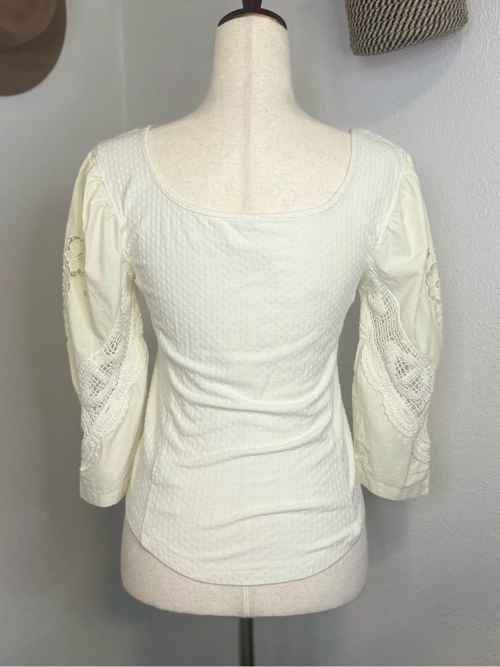 NWOT Free People Cream/Ivory Crochet Sleeve Top Medium Brunch Date